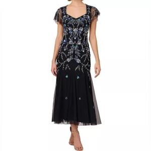 Adrianna Papell Women's Embellished Godet-Pleated Dress Midnight Multi Sz 14